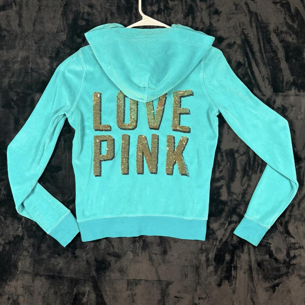 Y2K Victoria's Secret PINK Sequin Hoodie Womens S Teal Velour Full Zip Love Pink